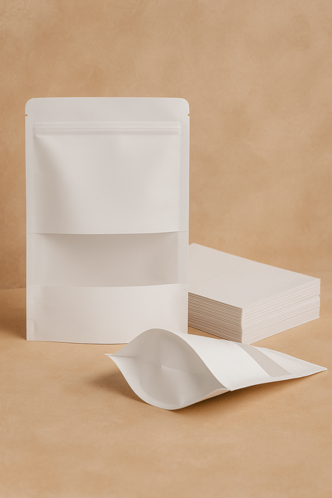 White Kraft Zip Lock Stand Up Food Bags Pouches with Tear-away Notch for Multi-purpose Storage