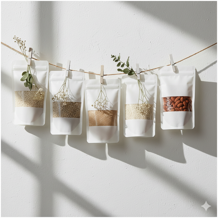 White Kraft Zip Lock Stand Up Food Bags Pouches with Tear-away Notch for Multi-purpose Storage