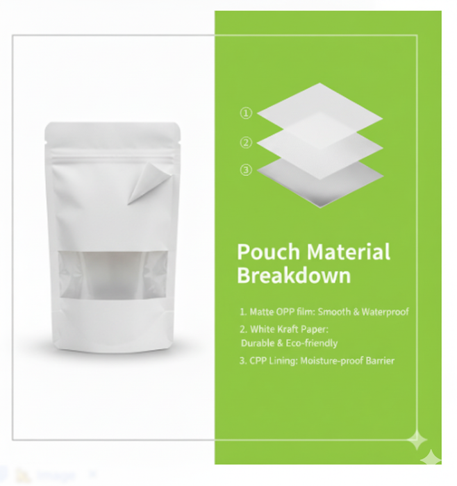 White Kraft Zip Lock Stand Up Food Bags Pouches with Tear-away Notch for Multi-purpose Storage