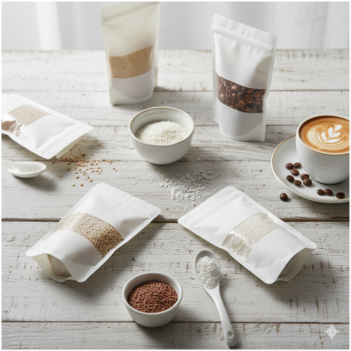 White Kraft Zip Lock Stand Up Food Bags Pouches with Tear-away Notch for Multi-purpose Storage