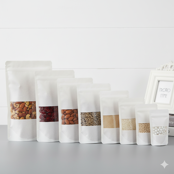 White Kraft Zip Lock Stand Up Food Bags Pouches with Tear-away Notch for Multi-purpose Storage