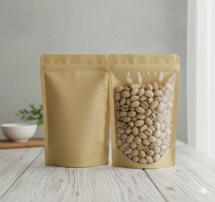 Resealable kraft Bags With Clear Front Stand Up Window Transparent Bulk Pouches Ziplock Paper KARKHANAY