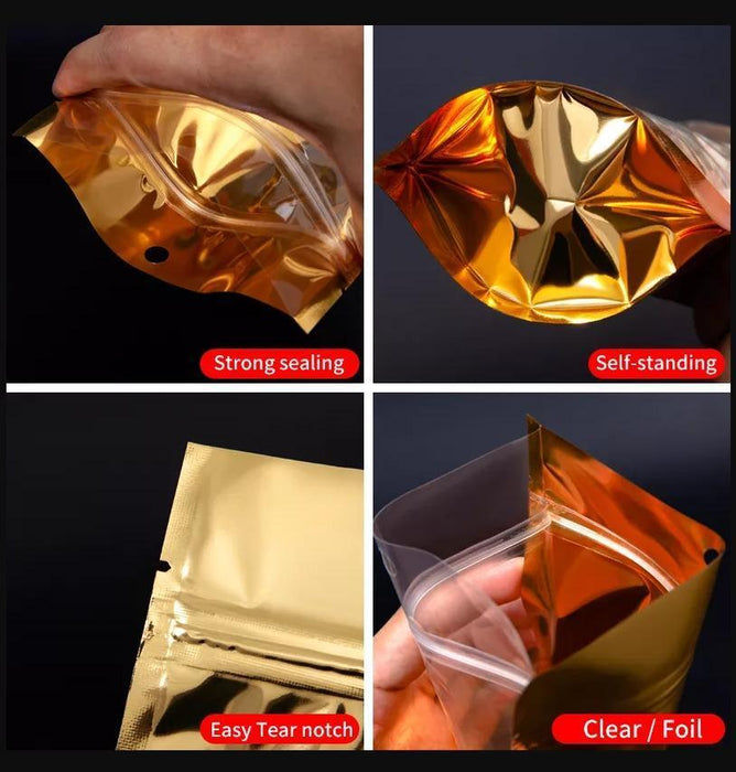 50 Bags Gold/Clear Resealable Heat Sealable Stand Up Pouch Food Storage Bags with Tear Notch