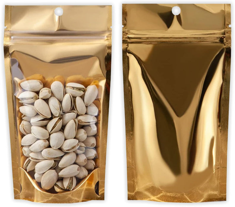 50 Bags Gold/Clear Resealable Heat Sealable Stand Up Pouch Food Storage Bags with Tear Notch